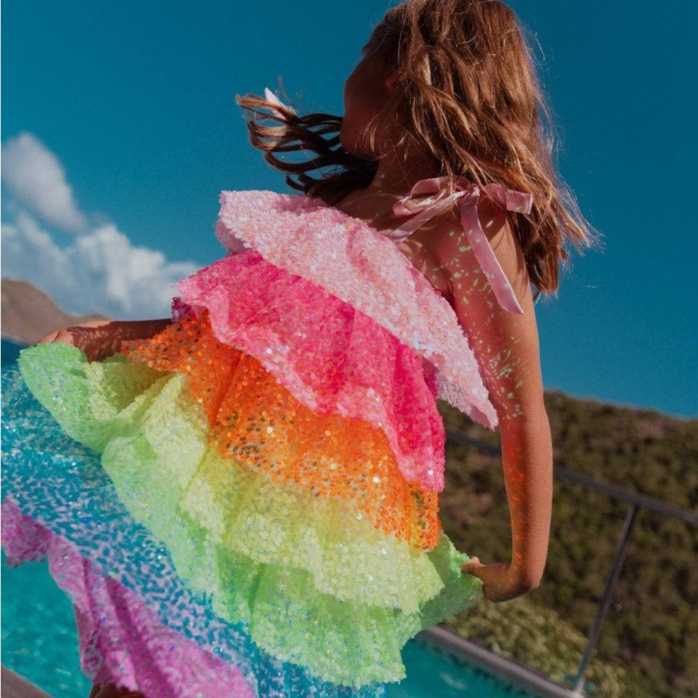 Girls Neon Colorful Sequin Layered Ruffle Dress